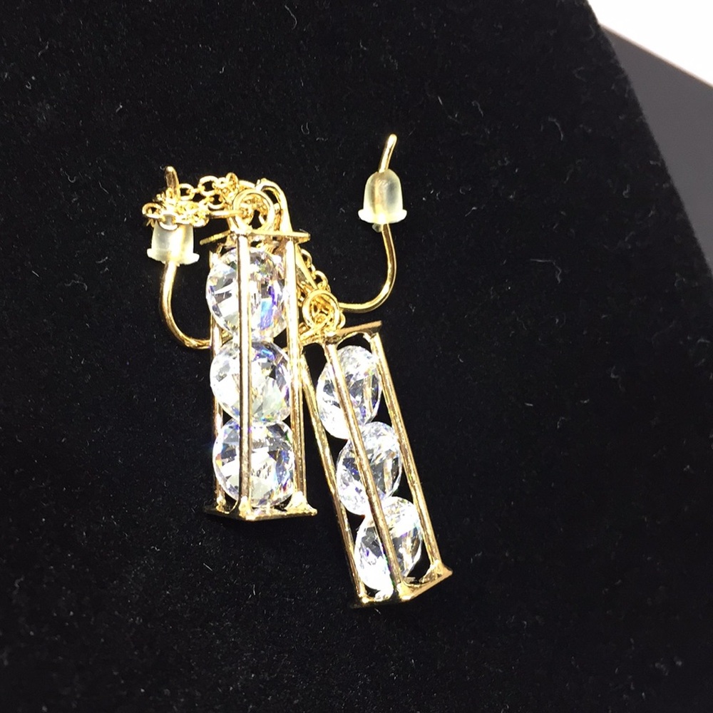 Triple diamond gold tone drop earrings - Picture 6 of 6